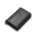 Black leather smart minimalist rfid carbon fiber card holder wallet with visible stitching and sleek design