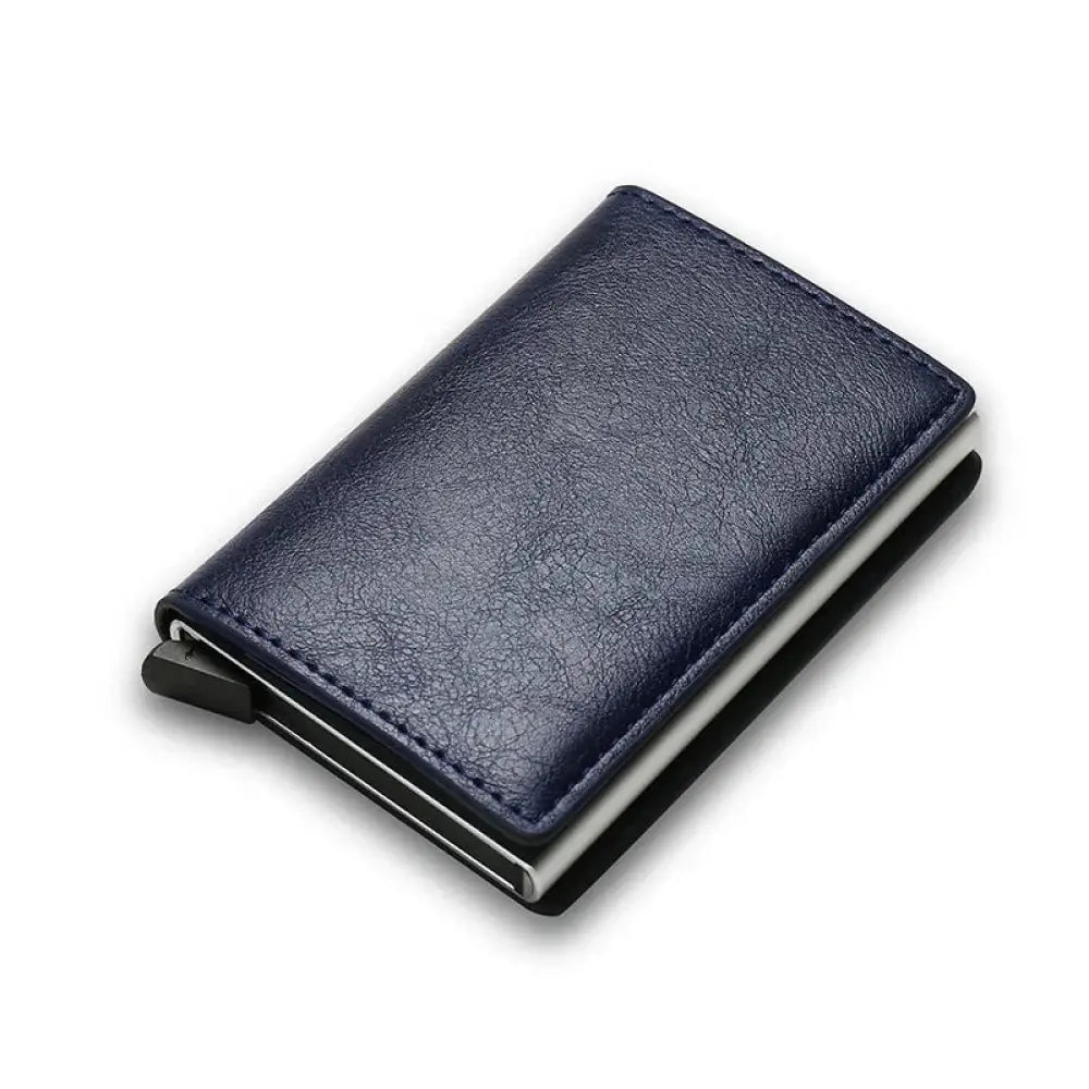 Navy blue textured leather smart minimalist RFID carbon fiber card holder wallet with sleek metallic clasp and black trim