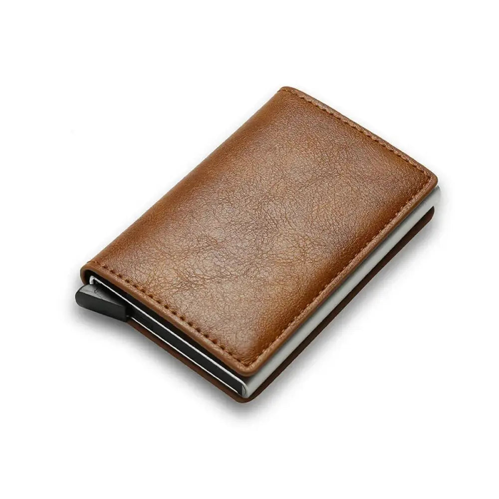 Smart minimalist rfid carbon fiber card holder wallet in brown leather with a sleek metallic clip and precise stitching
