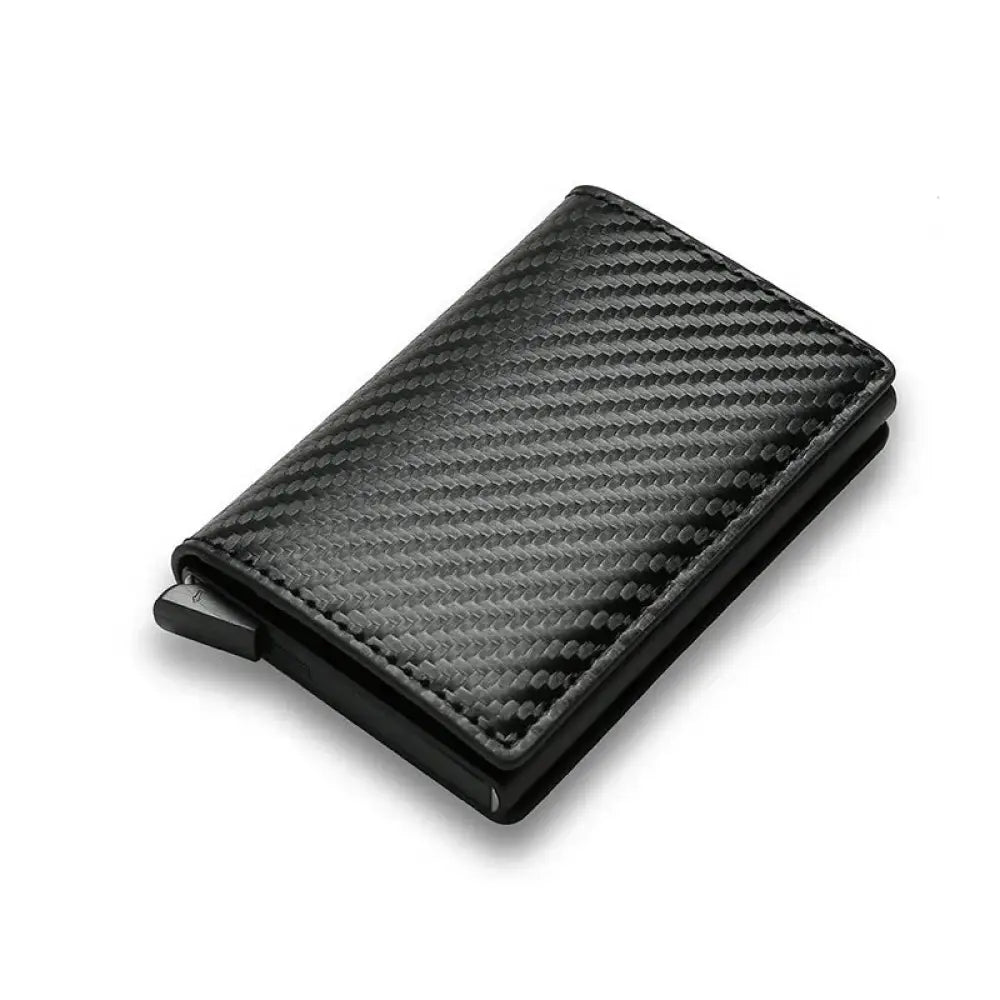 Black carbon fiber smart minimalist rfid card holder wallet with sleek modern design and metallic magnetic closure