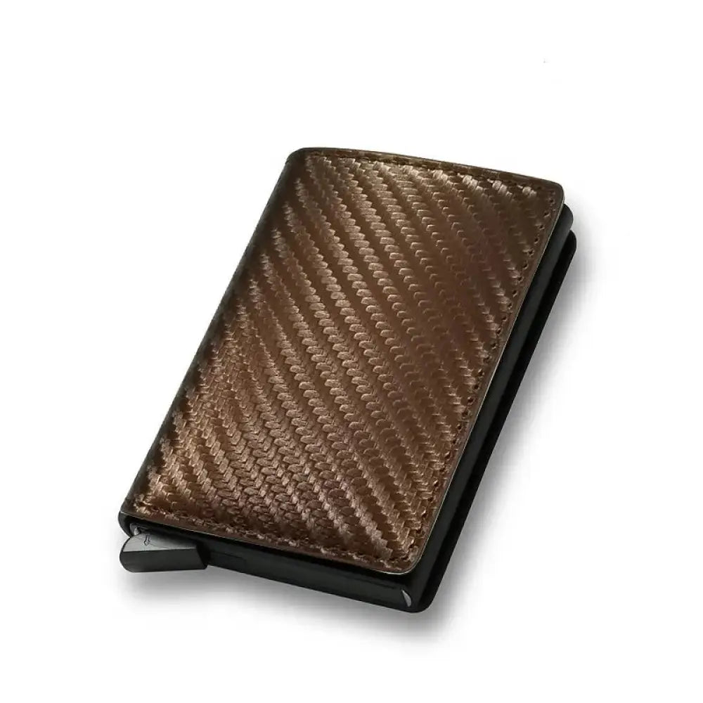 Smart minimalist RFID carbon fiber card holder wallet in brown with textured surface and black metallic edges