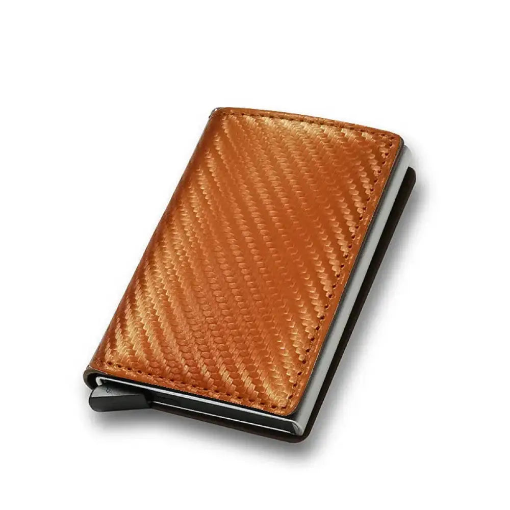 Tan carbon fiber textured smart minimalist RFID card holder wallet with black metal frame and magnetic closure