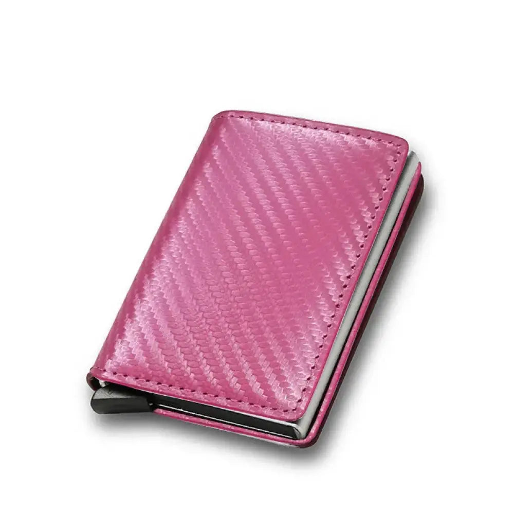 Smart minimalist rfid carbon fiber card holder wallet in pink with metallic silver edges and black magnetic closure