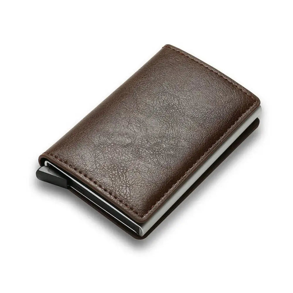 Brown leather smart minimalist RFID carbon fiber card holder wallet with sleek metallic clip and precise stitching