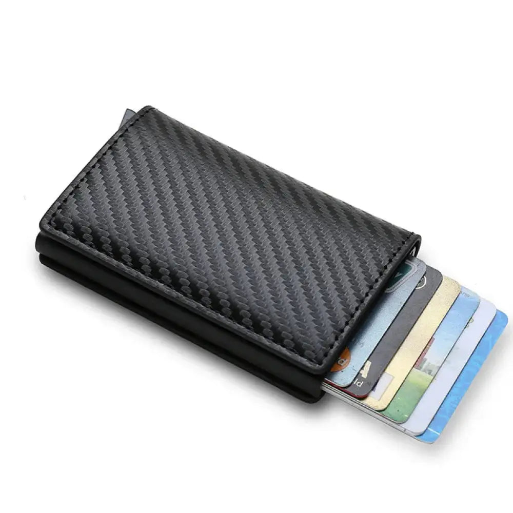 Black carbon fiber textured magnetic wallet with sleek metallic edges and multiple card slots for rfid protection