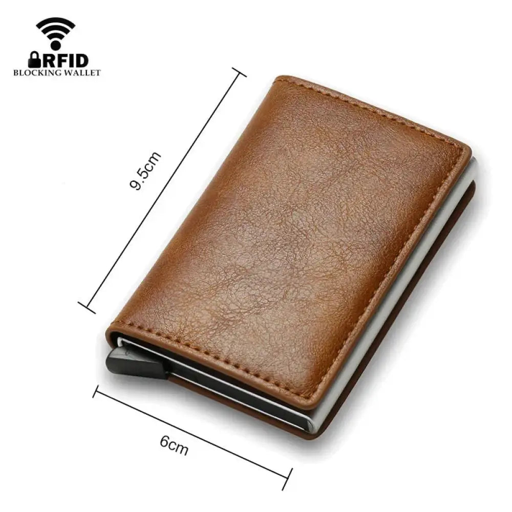 Brown leather rfid blocking wallet with sleek minimalist design and metallic edges for secure card storage