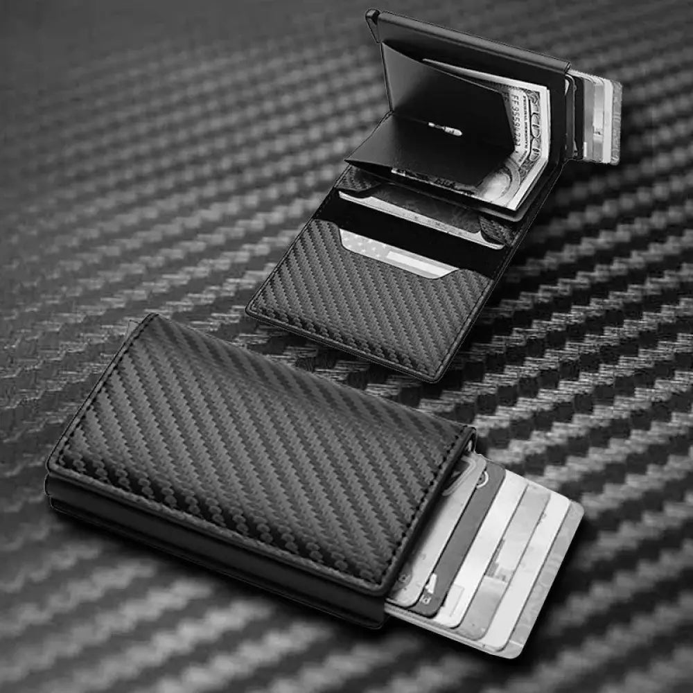 Black carbon fiber rfid card holder wallet with magnetic closure and card slots for smart minimalist use
