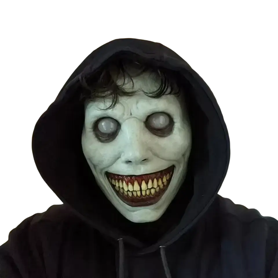 Black hooded sweatshirt with a pale resin horror mask featuring wide eyes and sharp teeth for Halloween costume