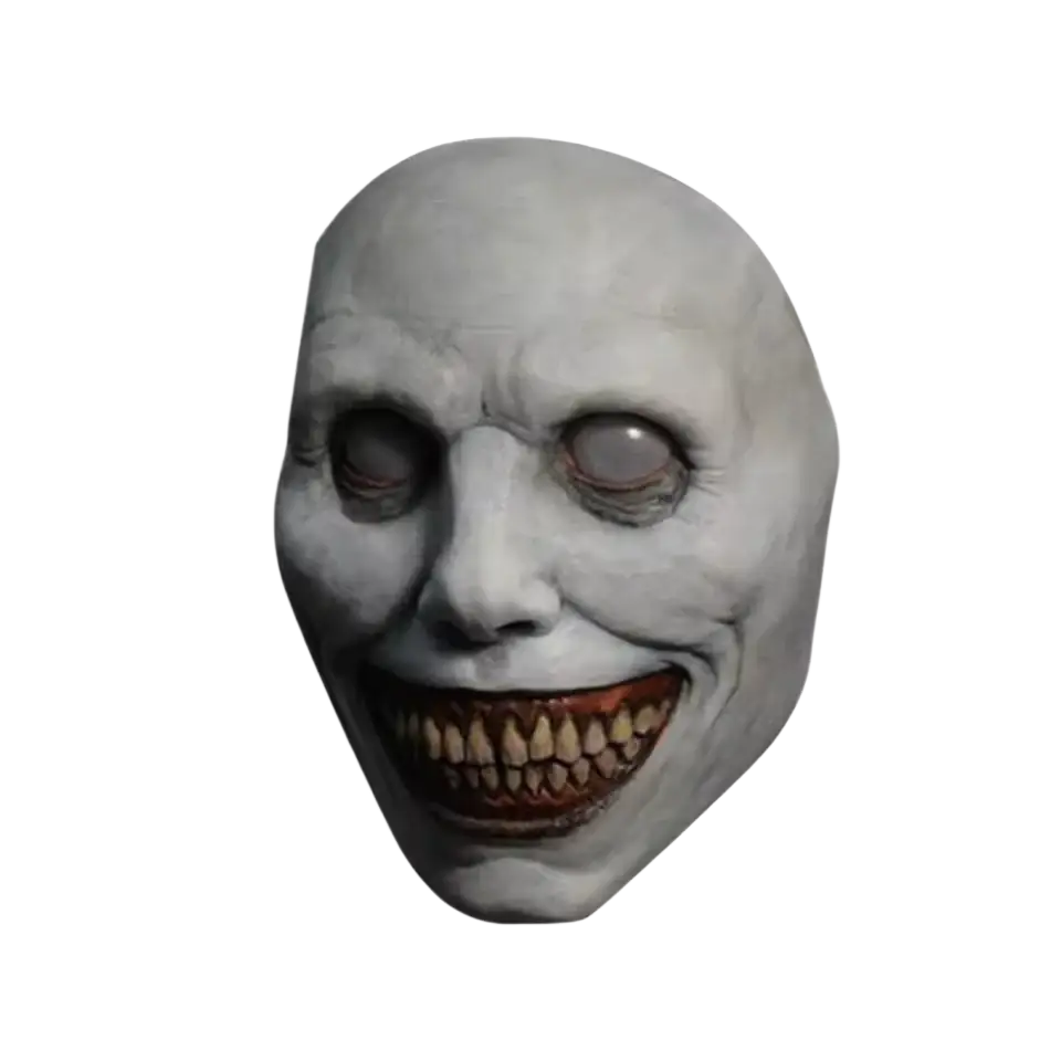 A gray latex creepy halloween horror mask with wide toothy grin and hollow eyes full face costume accessory