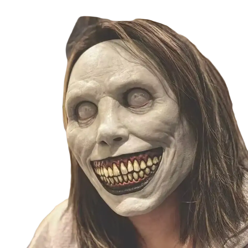 Creepy Halloween resin horror mask full face accessory with pale lifelike design, long dark hair, and wide toothy grin