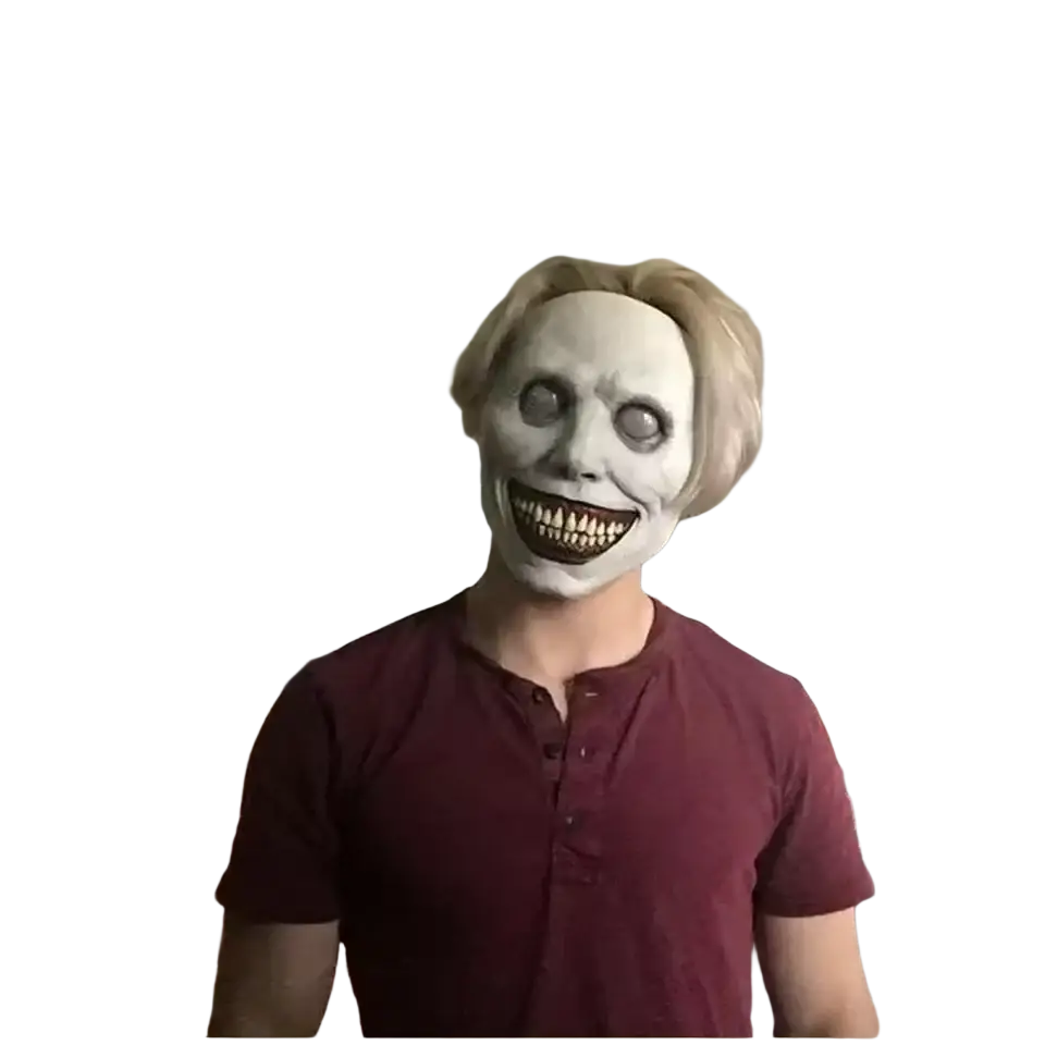 White latex full face horror mask with blonde hair and exaggerated grin for creepy Halloween costume accessory