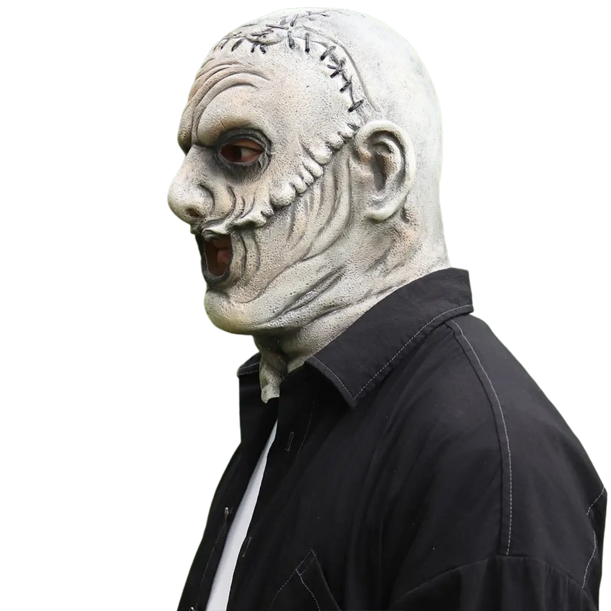 Creepy zombie latex halloween mask full face with gray stitched material and exaggerated facial features for cosplay