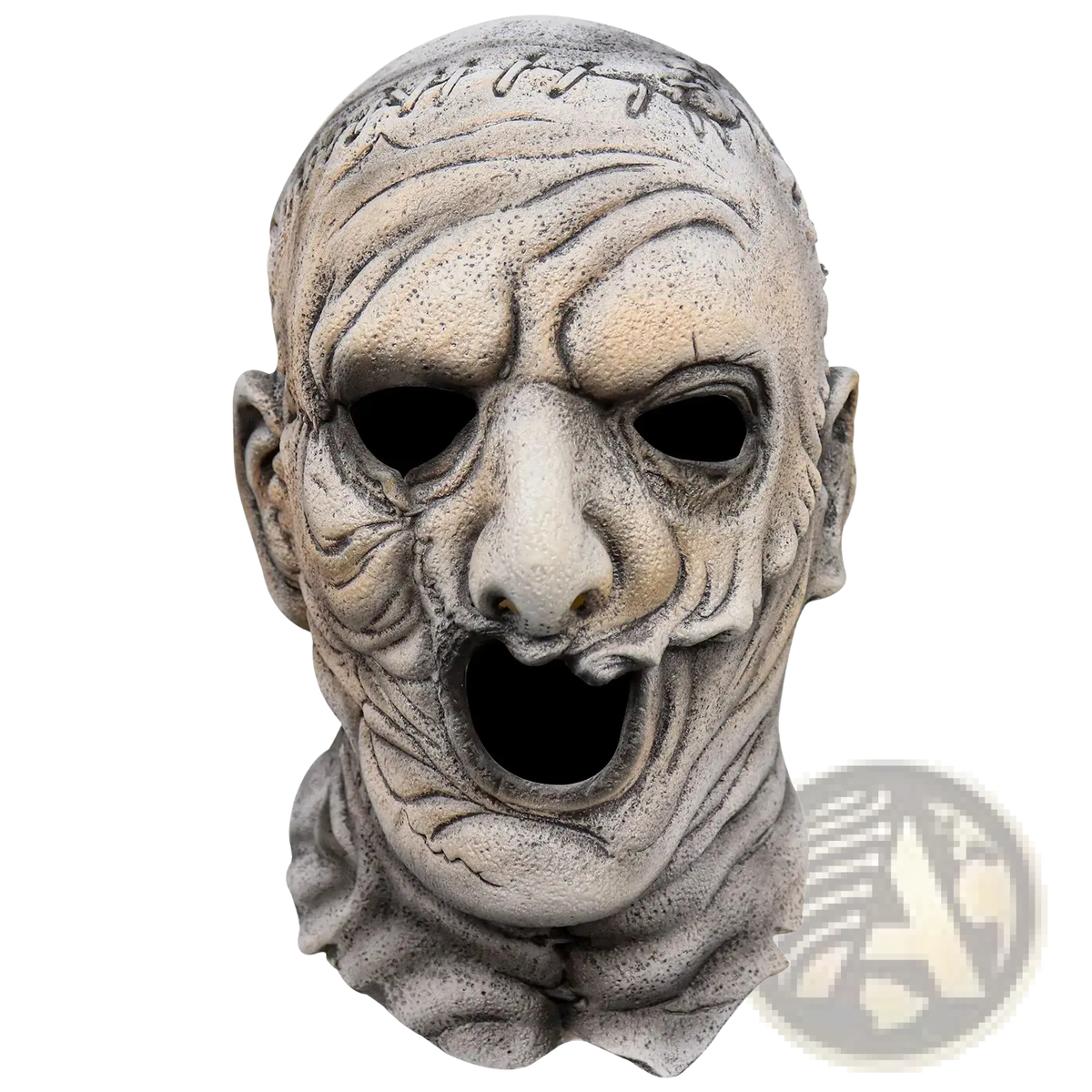 Creepy zombie latex halloween mask full face grayish-white with stitched forehead and wrinkled skin for scary cosplay