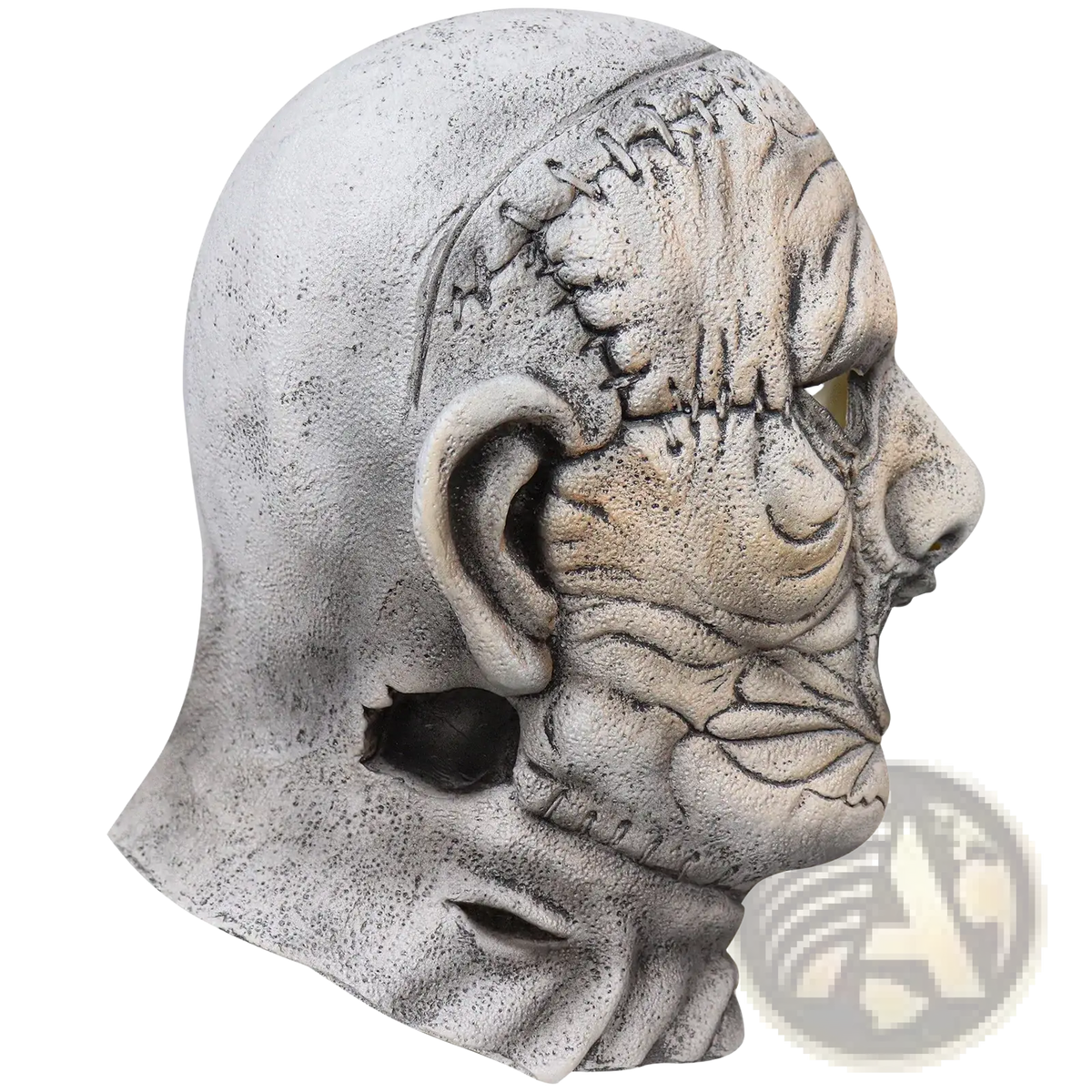 Gray textured latex creepy zombie halloween mask with stitched facial features and eye hole for scary cosplay use