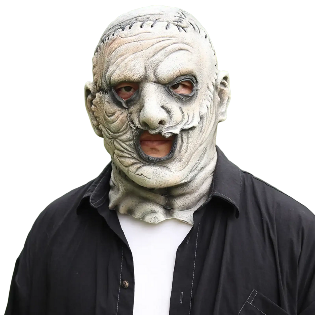 Gray latex zombie mask with stitched forehead and detailed facial wrinkles for creepy halloween cosplay use