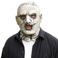 Gray latex zombie mask with stitched forehead and detailed facial wrinkles for creepy halloween cosplay use