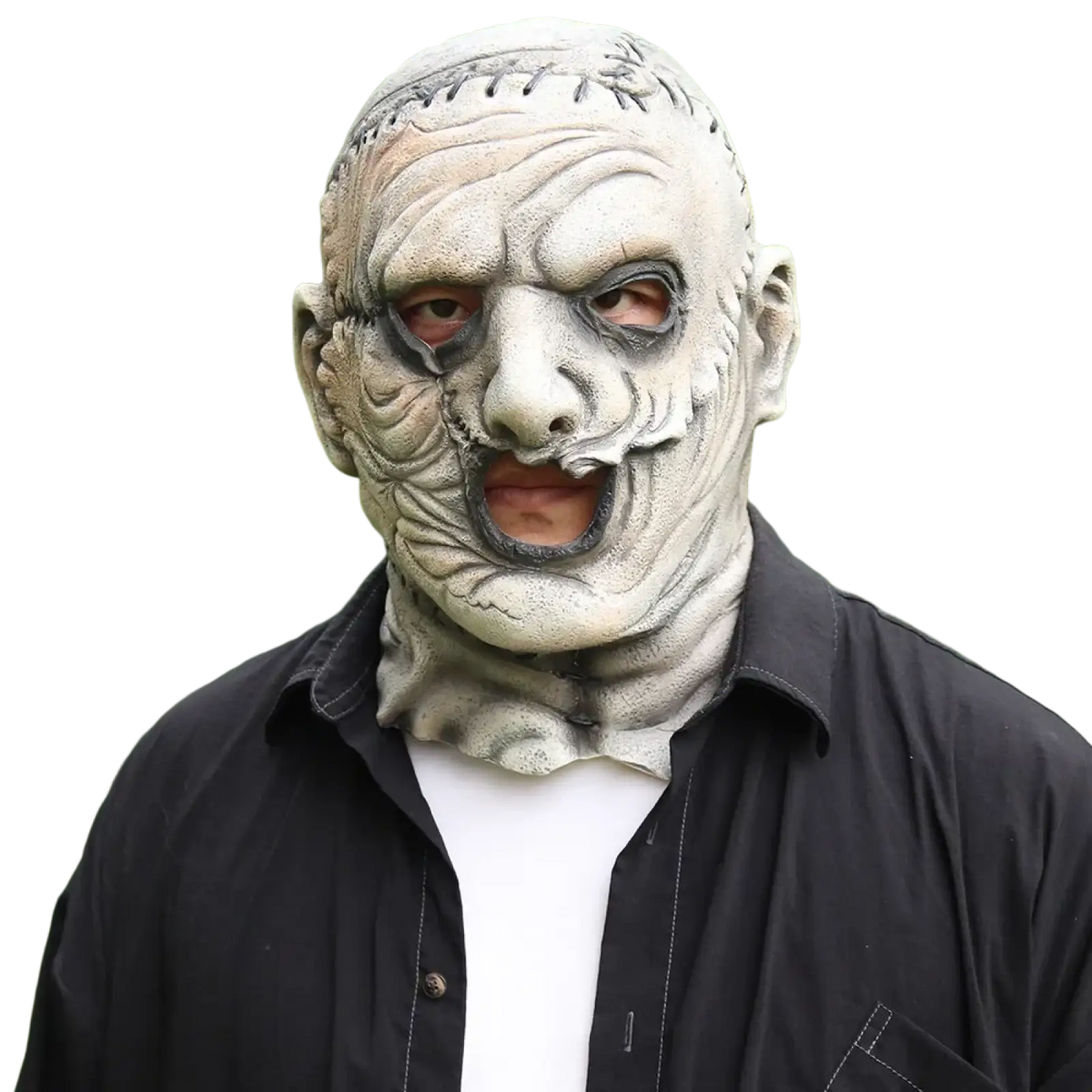 Gray latex zombie mask with stitched forehead and detailed facial wrinkles for creepy halloween cosplay use