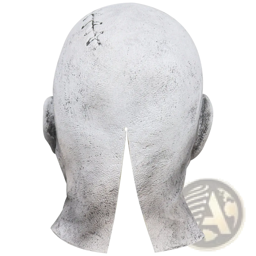 Off-white textured latex creepy zombie halloween mask back side with stitched details and central split for scary cosplay