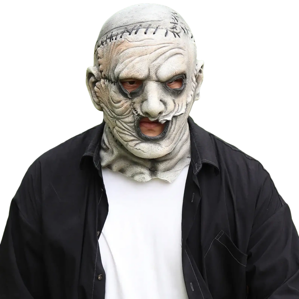 Gray textured latex creepy zombie Halloween mask with stitched details and grotesque full face scary cosplay design