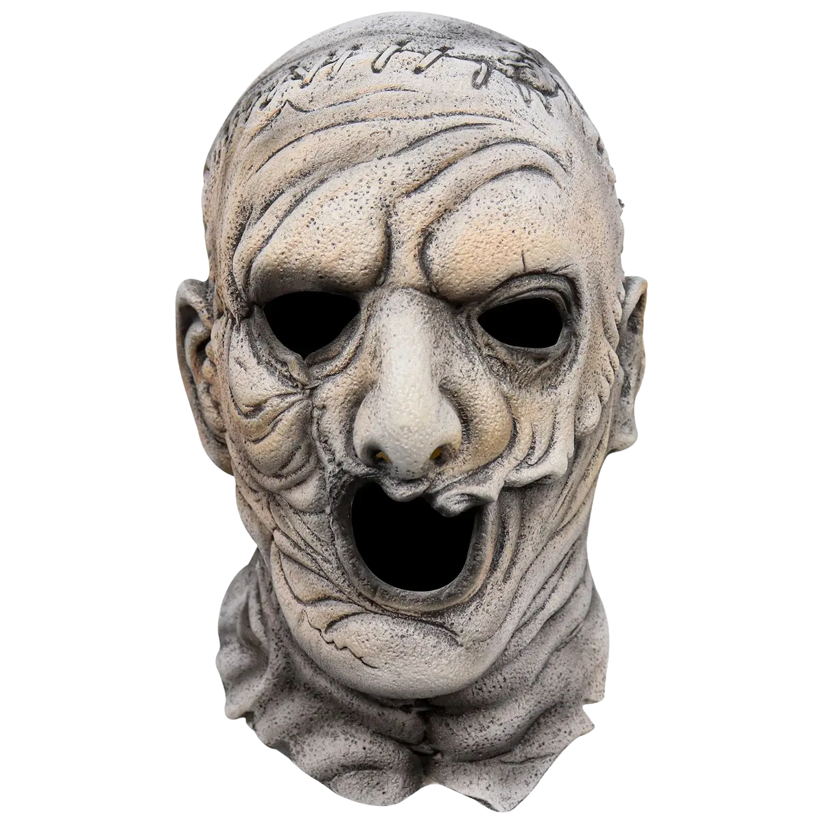 Creepy zombie latex halloween mask full face grayish-white with stitched forehead and wrinkled skin for scary cosplay