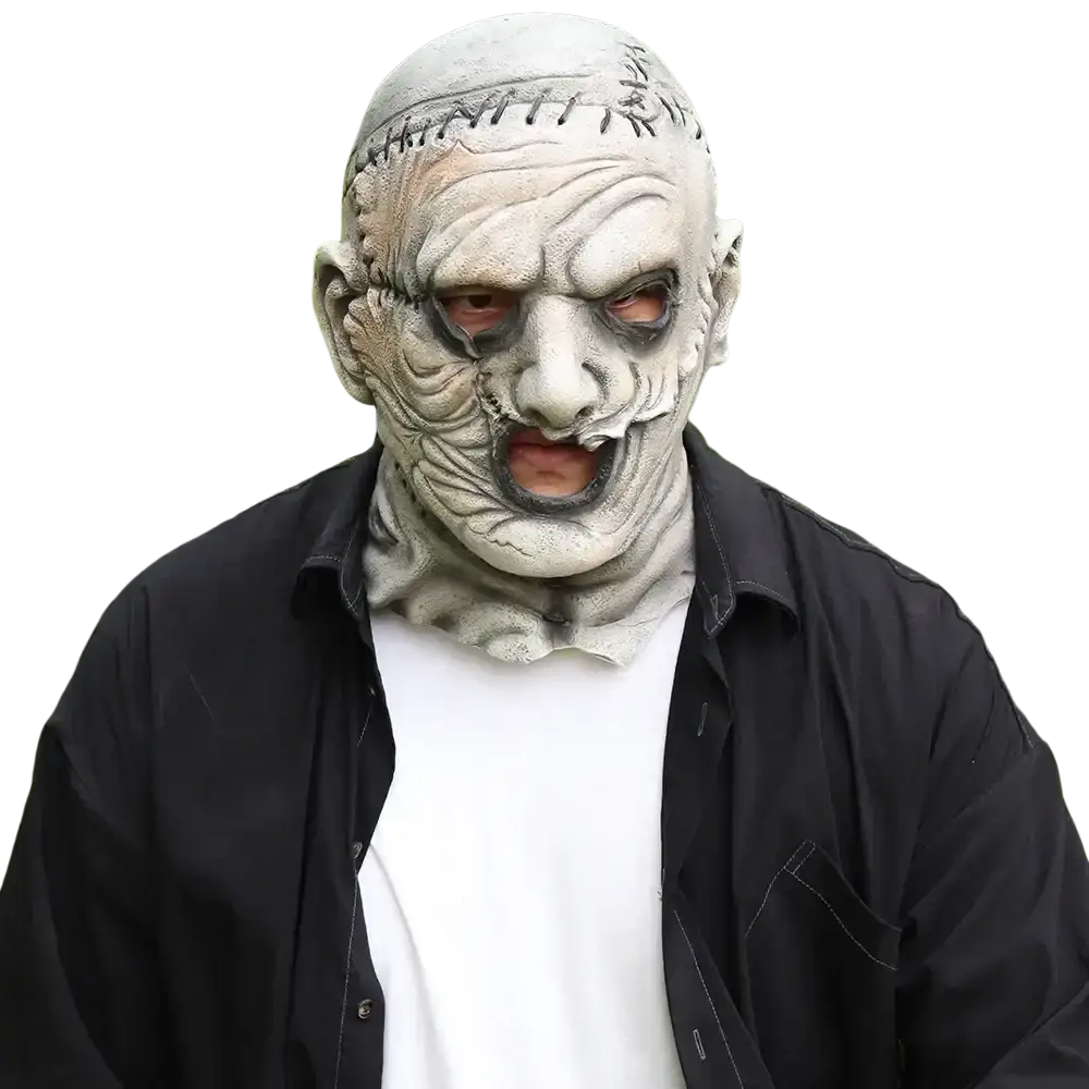 A grayish-white latex creepy zombie halloween mask with stitched seams and a grotesque full face expression