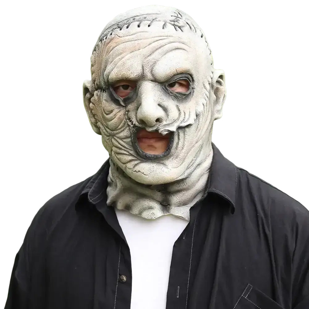 A detailed grayish-white latex creepy zombie halloween mask with stitched seams and wrinkled skin for full face cosplay