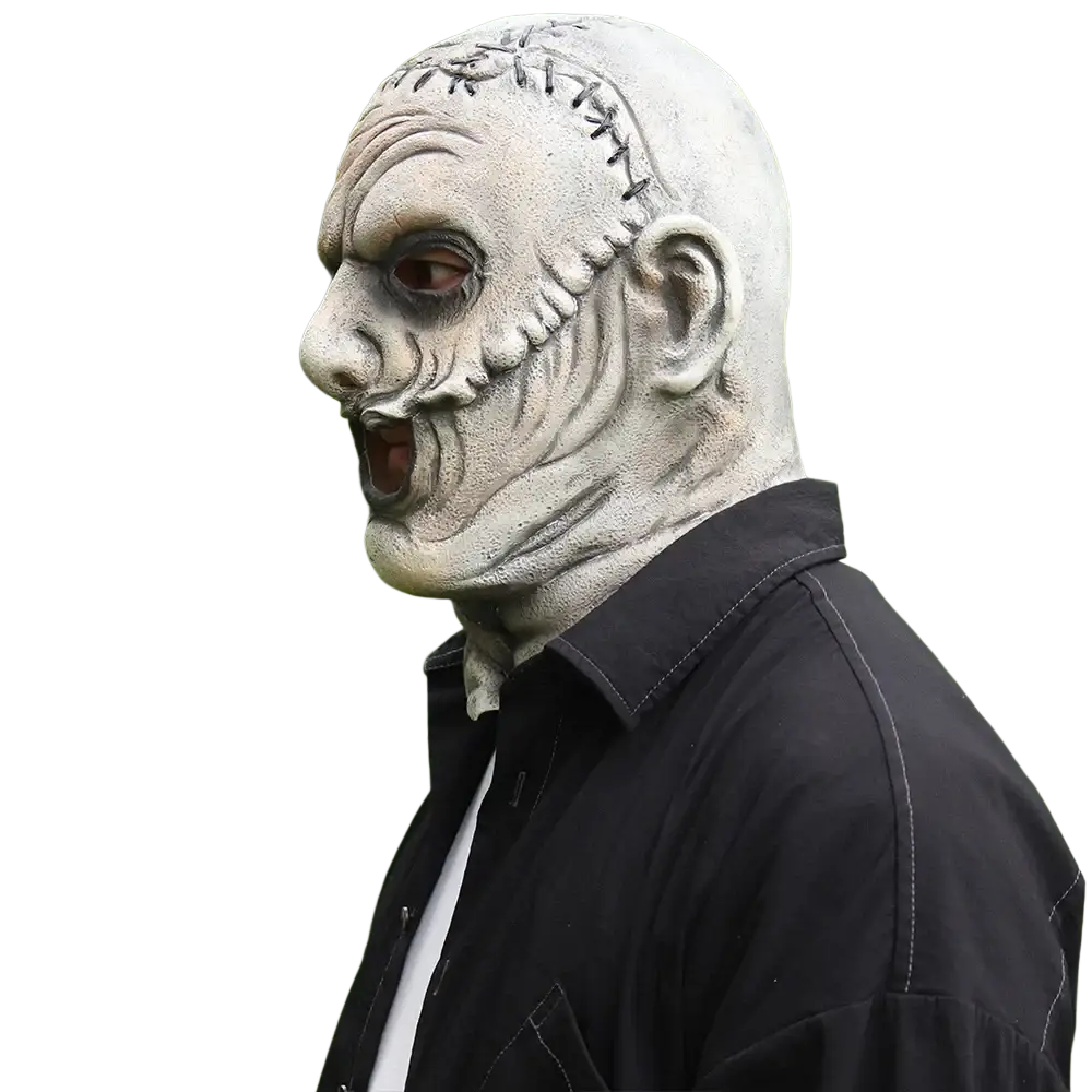 Creepy zombie latex halloween mask full face with gray stitched material and exaggerated facial features for cosplay