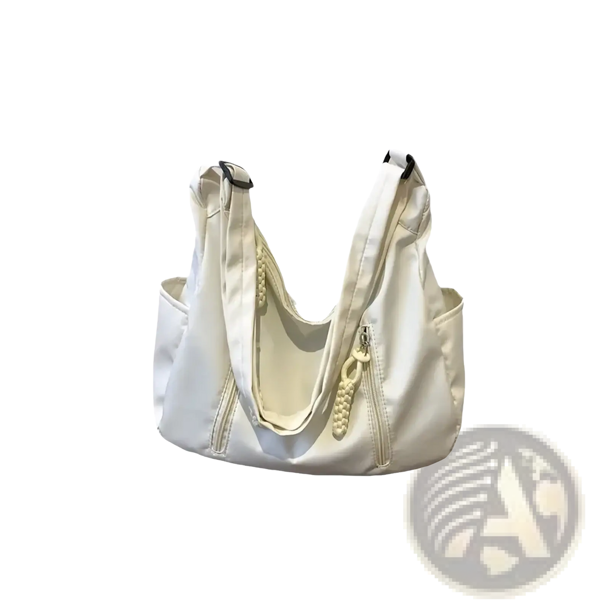 Cream-colored crescent nylon crossbody bag with braided zipper pulls and black-trimmed handles for lightweight use
