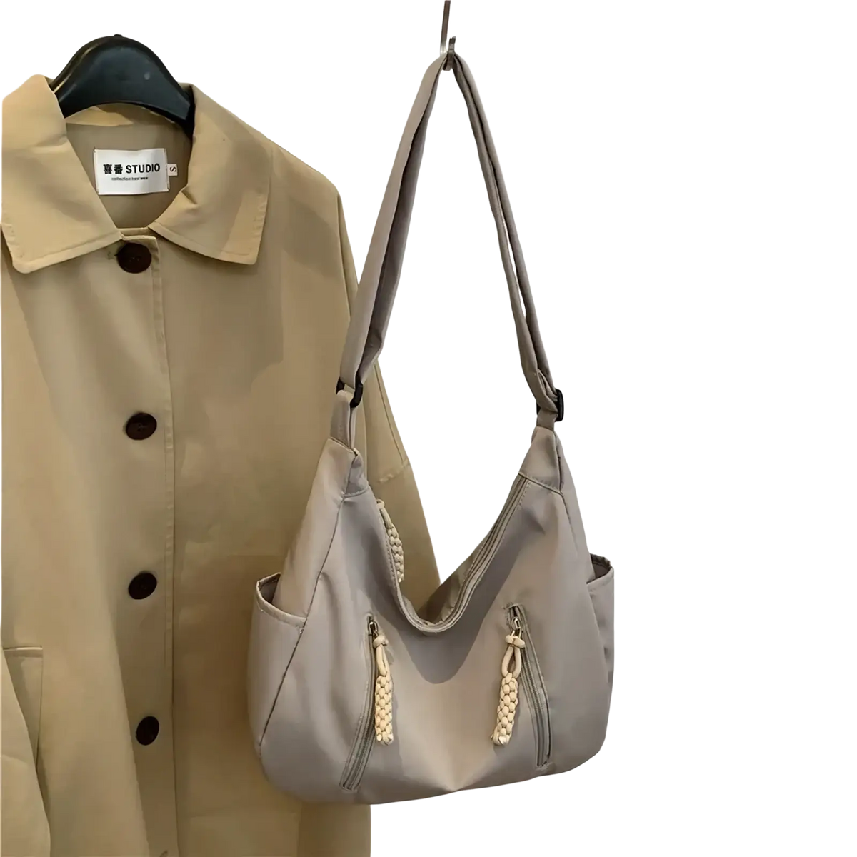 Gray canvas crescent nylon crossbody bag with braided tassel zipper pulls lightweight shoulder tote for daily use