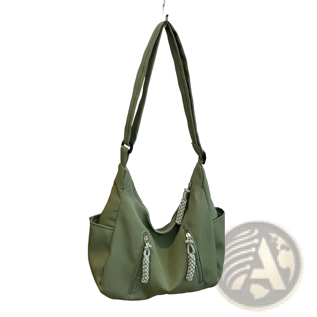 Olive green crescent nylon crossbody bag with braided rope zipper pulls and adjustable shoulder strap for lightweight use