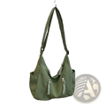 Olive green crescent nylon crossbody bag with braided rope zipper pulls and adjustable shoulder strap for lightweight use