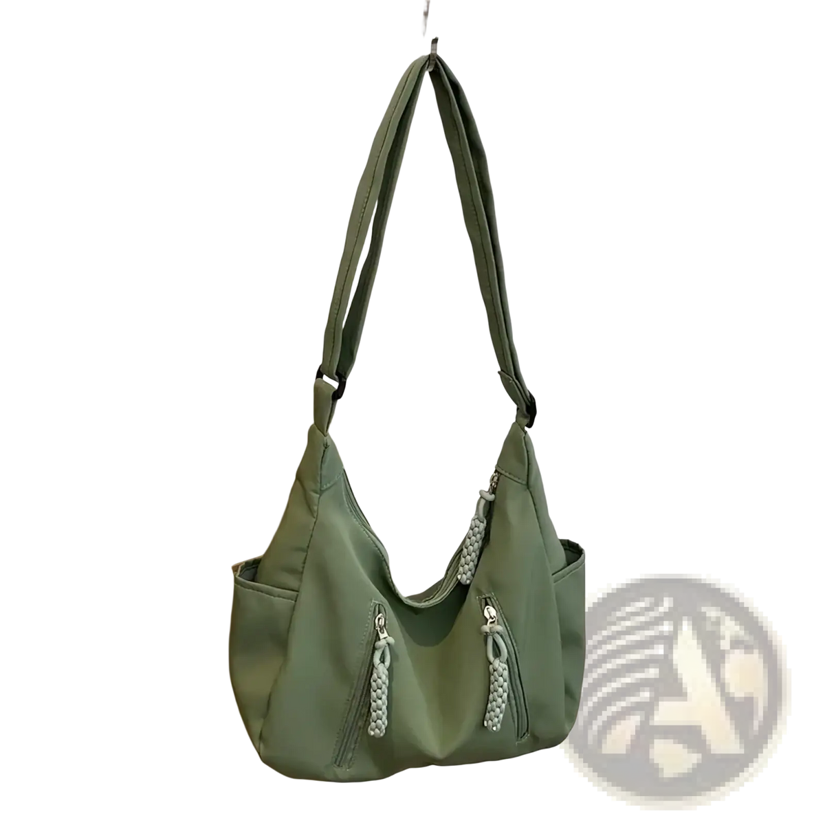 Olive green crescent nylon crossbody bag with braided rope zipper pulls and adjustable shoulder strap for lightweight use
