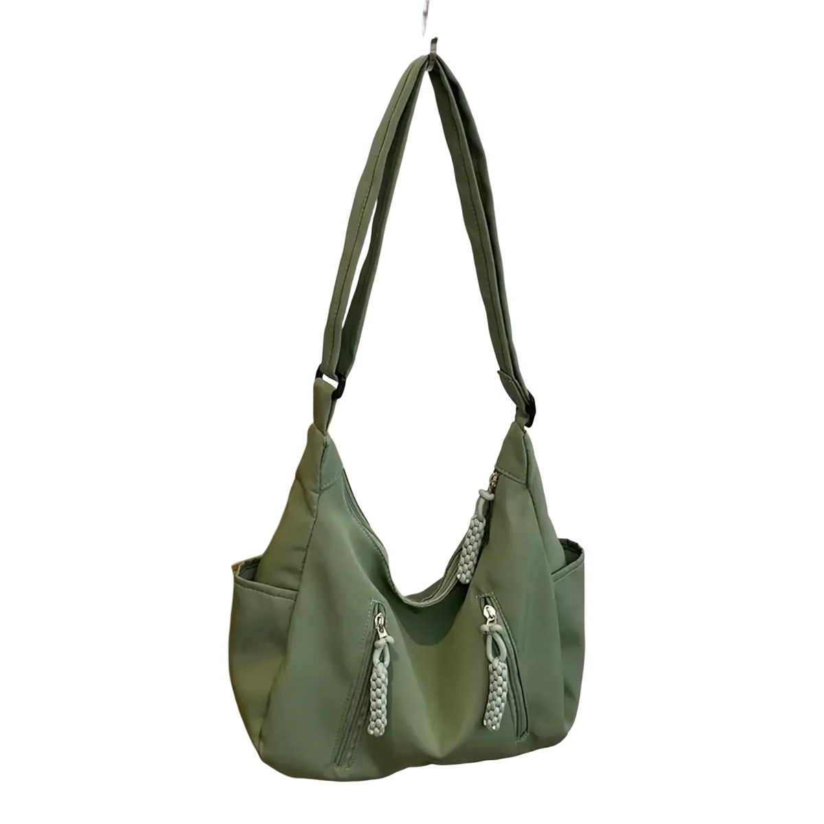 Olive green crescent nylon crossbody bag with braided rope zipper pulls and adjustable shoulder strap for lightweight use