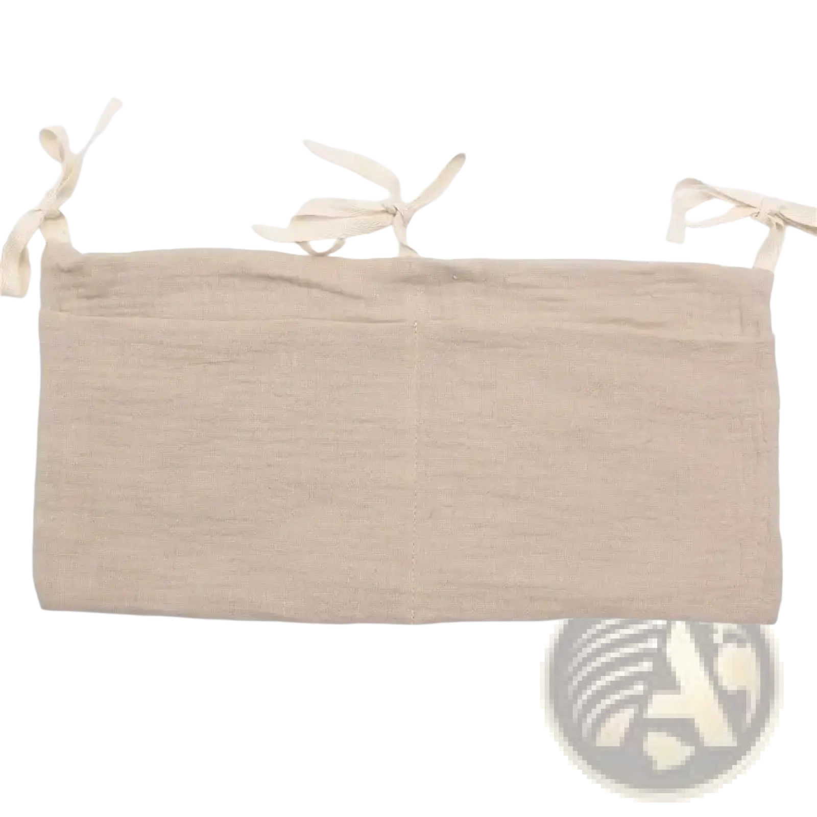 Beige linen crib storage bag diaper organizer showing tie-back with three tied fabric loops