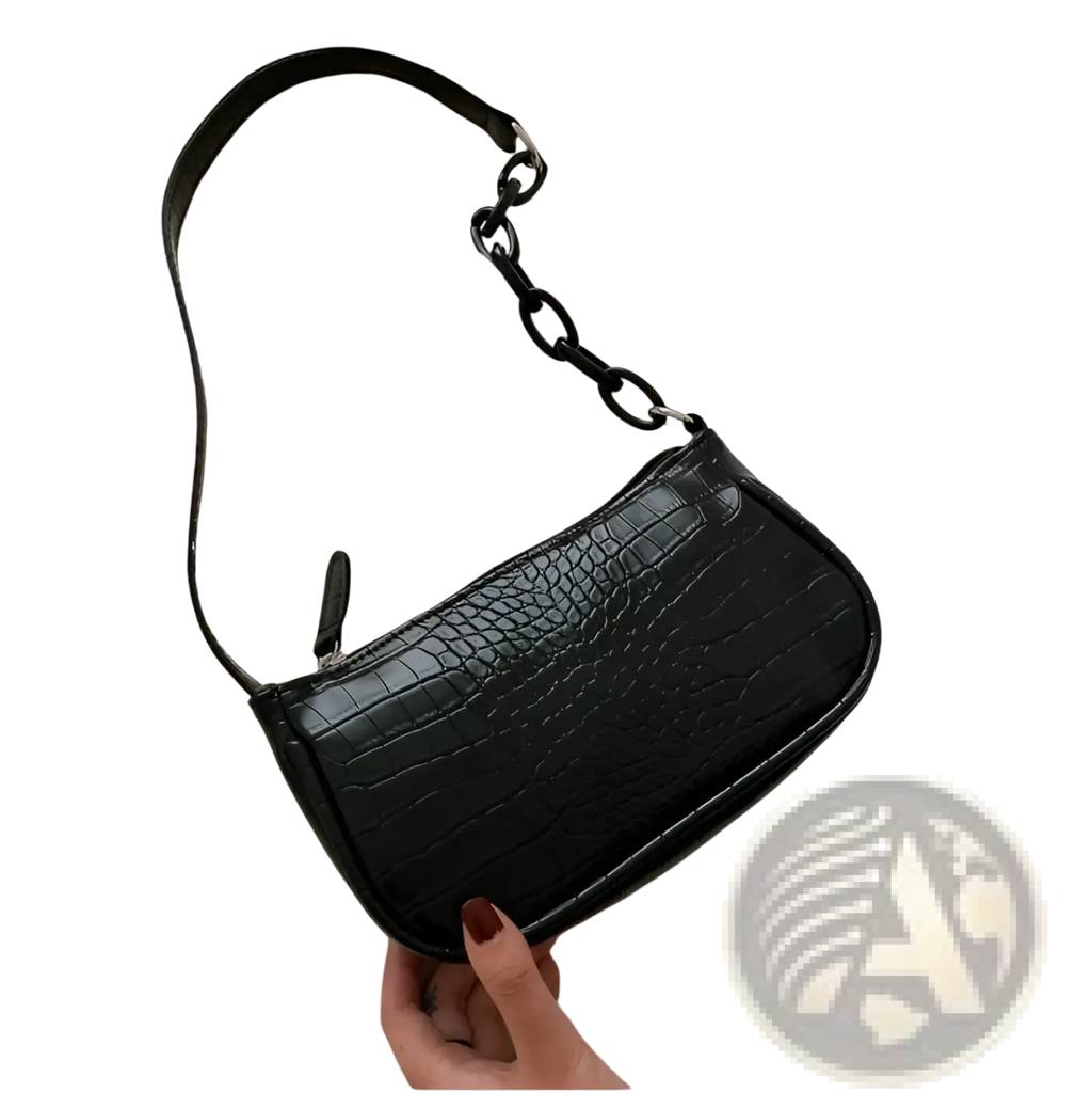 Black croc embossed chain shoulder bag for women with textured leather and a chain strap for elegant wear