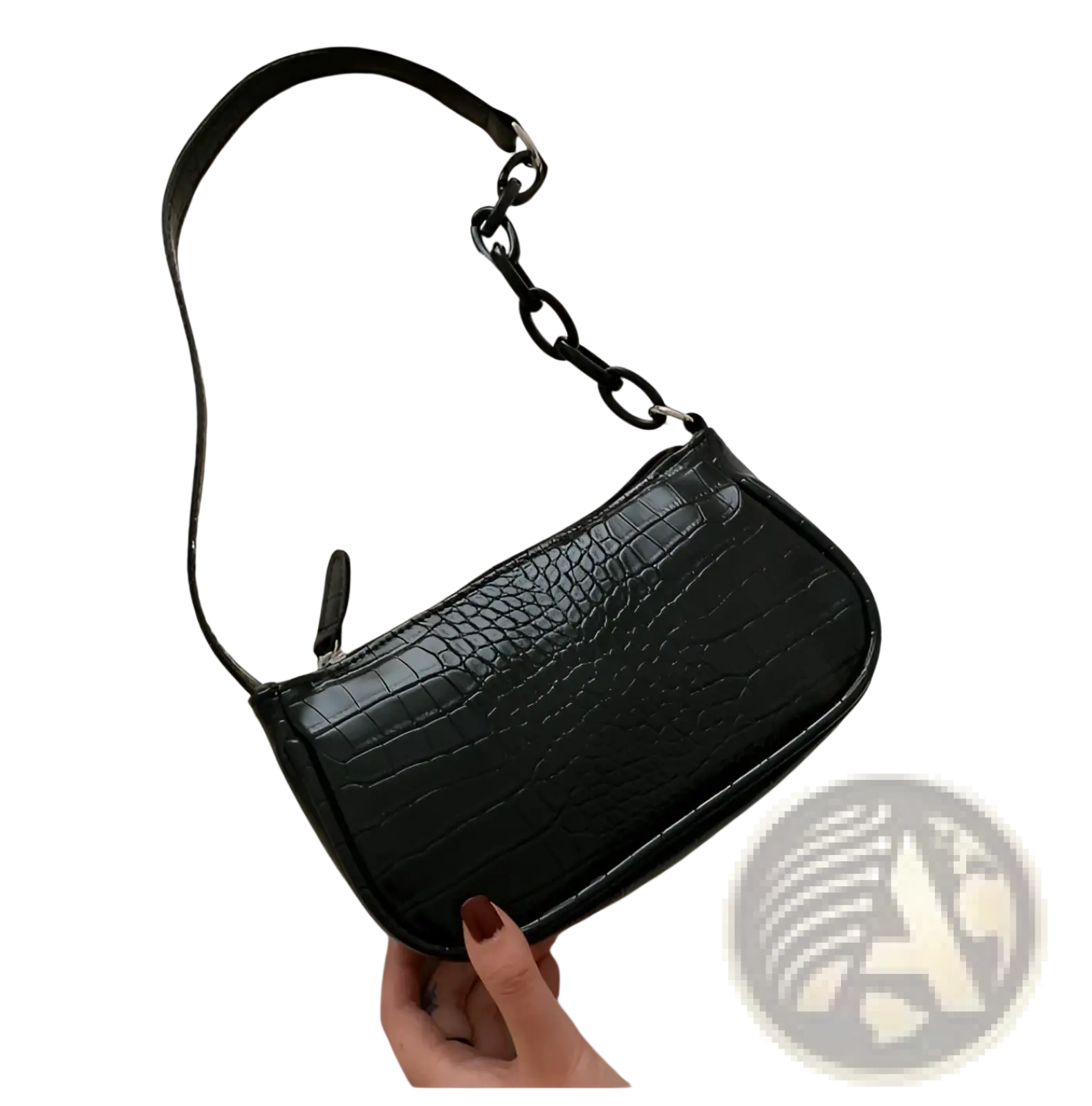 Black croc embossed chain shoulder bag for women with textured leather and a chain strap for elegant wear