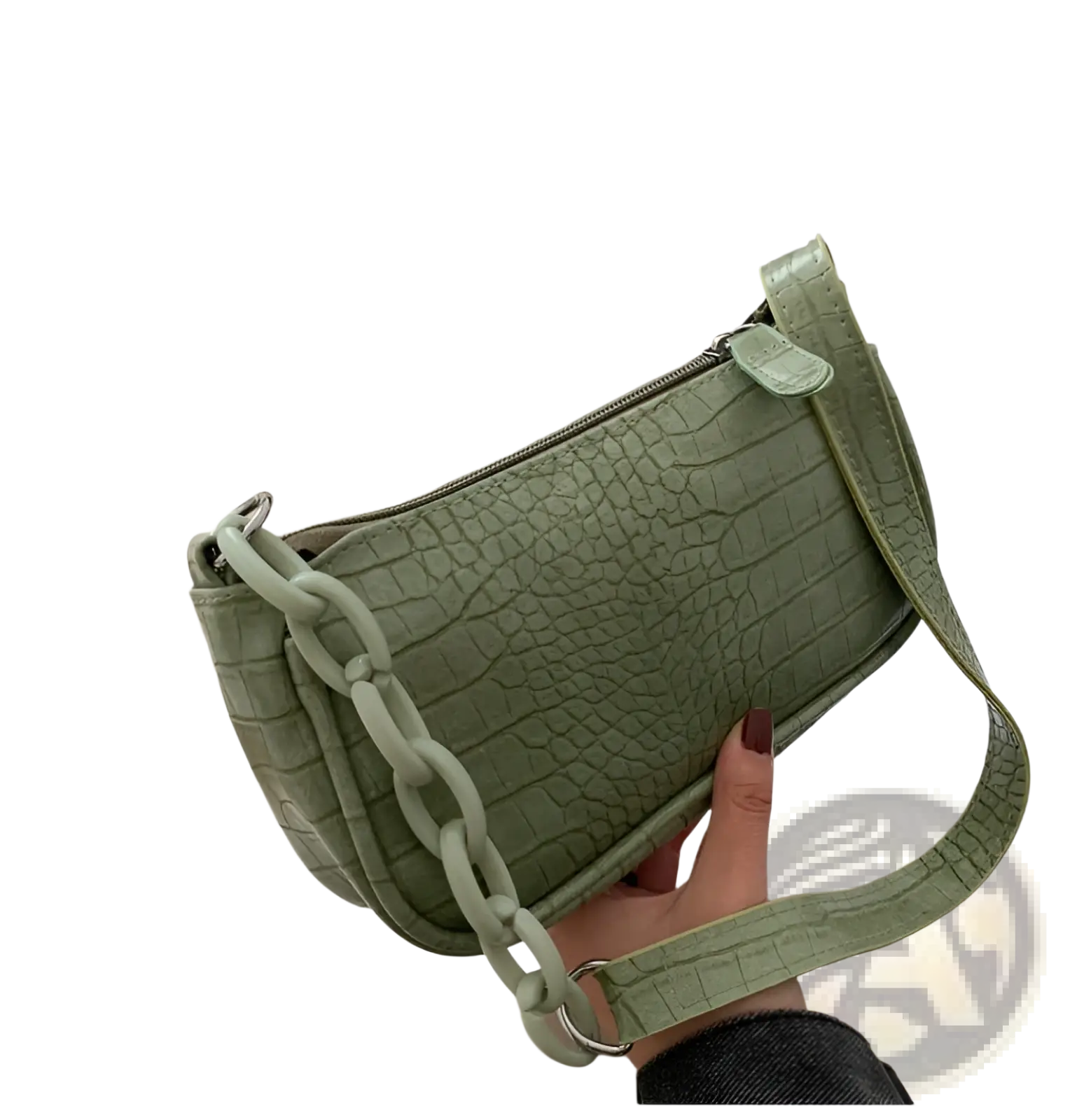 A sage green croc embossed chain shoulder bag for women with crocodile texture and matching chain strap