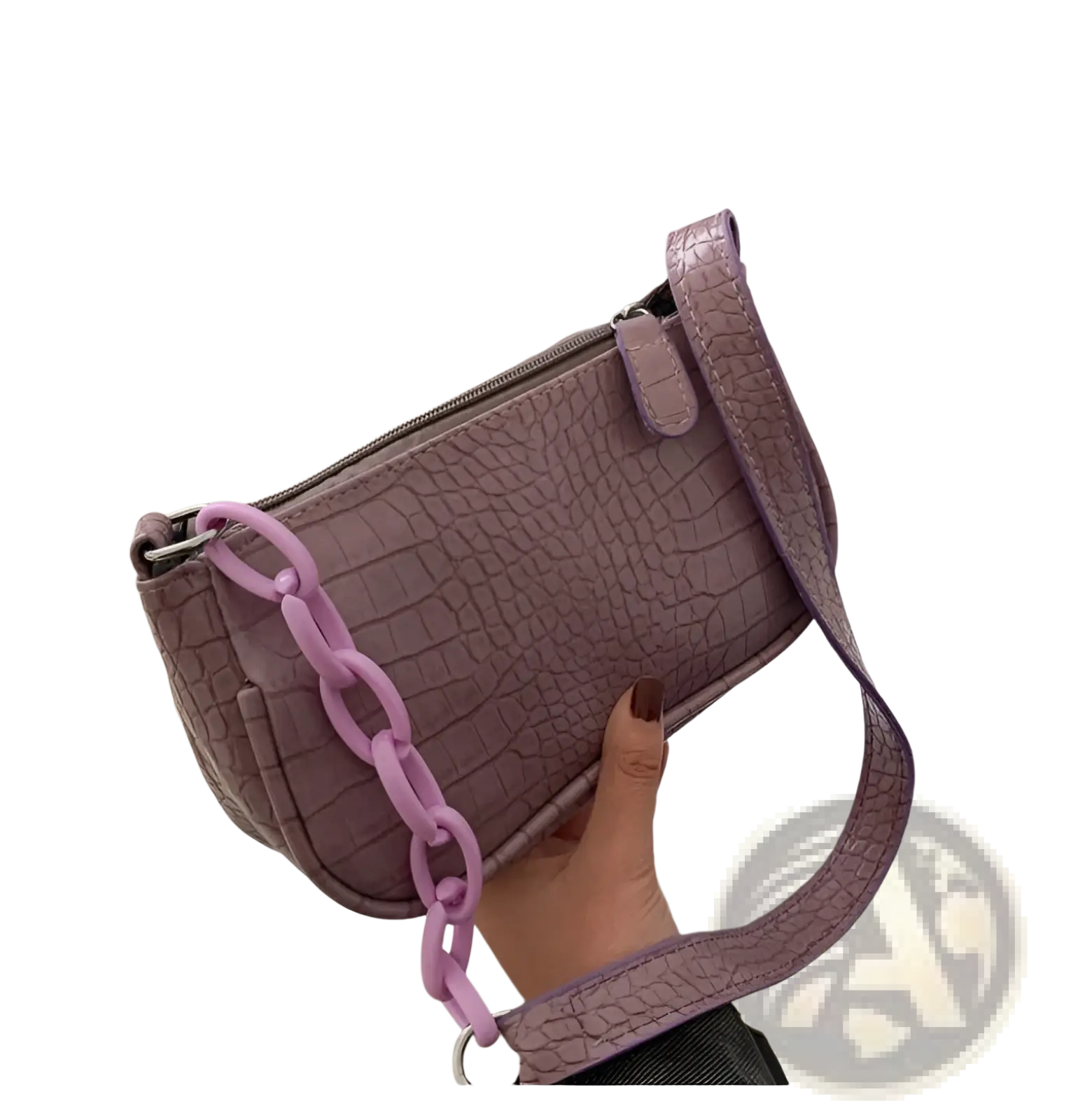 A lavender croc embossed chain shoulder bag for women with an adjustable strap and bright pink chain accent