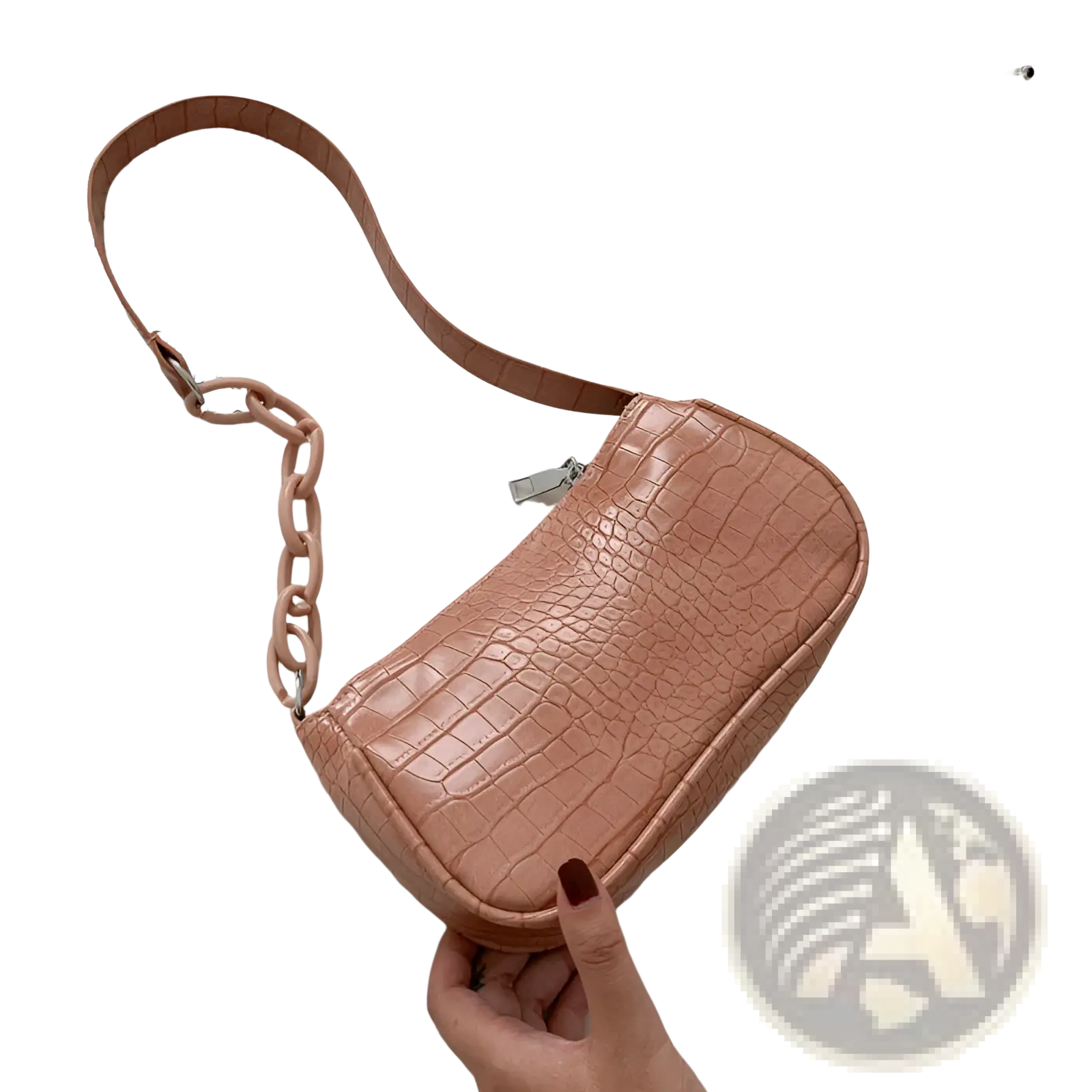 A blush pink croc embossed chain shoulder bag for women featuring a chain strap and textured material