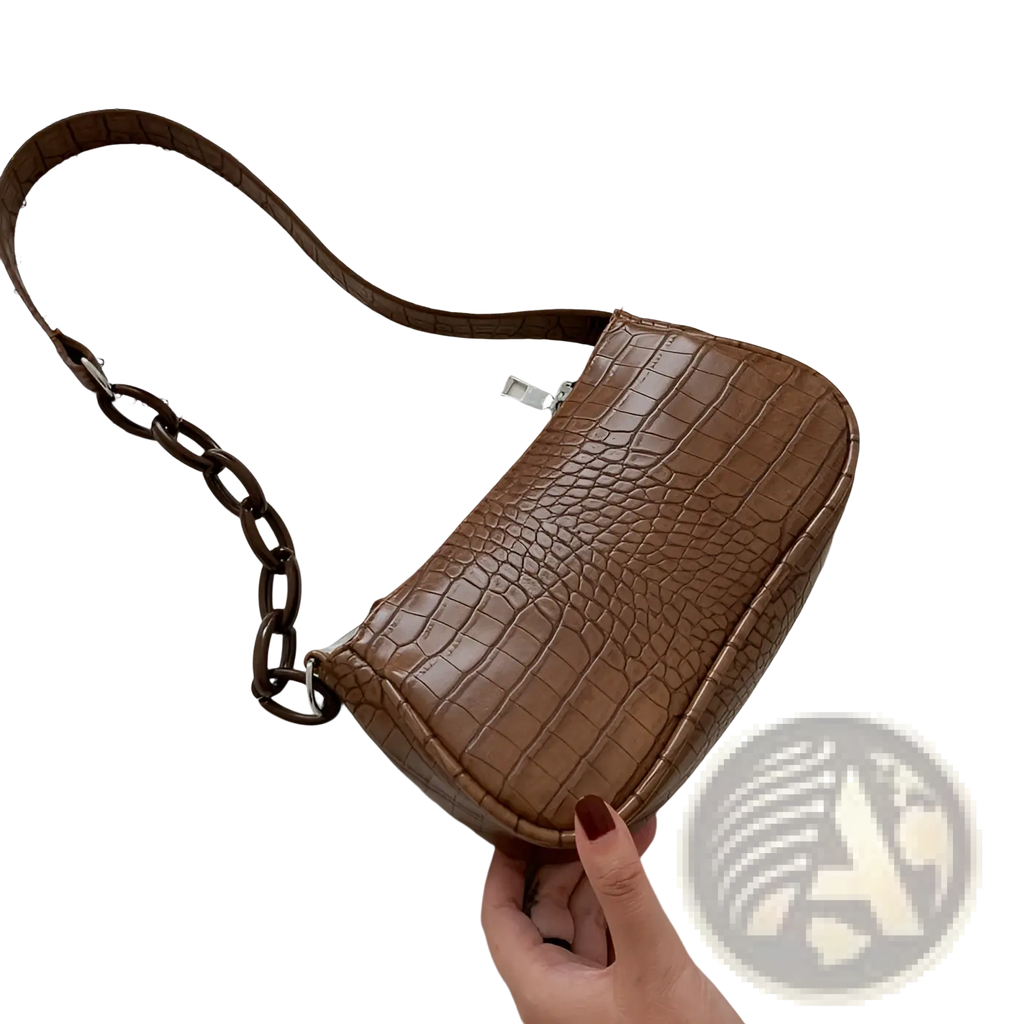 Brown croc embossed chain shoulder bag for women with crocodile texture and metal chain strap