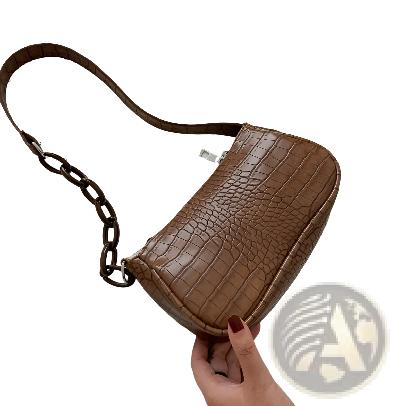 Brown croc embossed chain shoulder bag for women with crocodile texture and metal chain strap