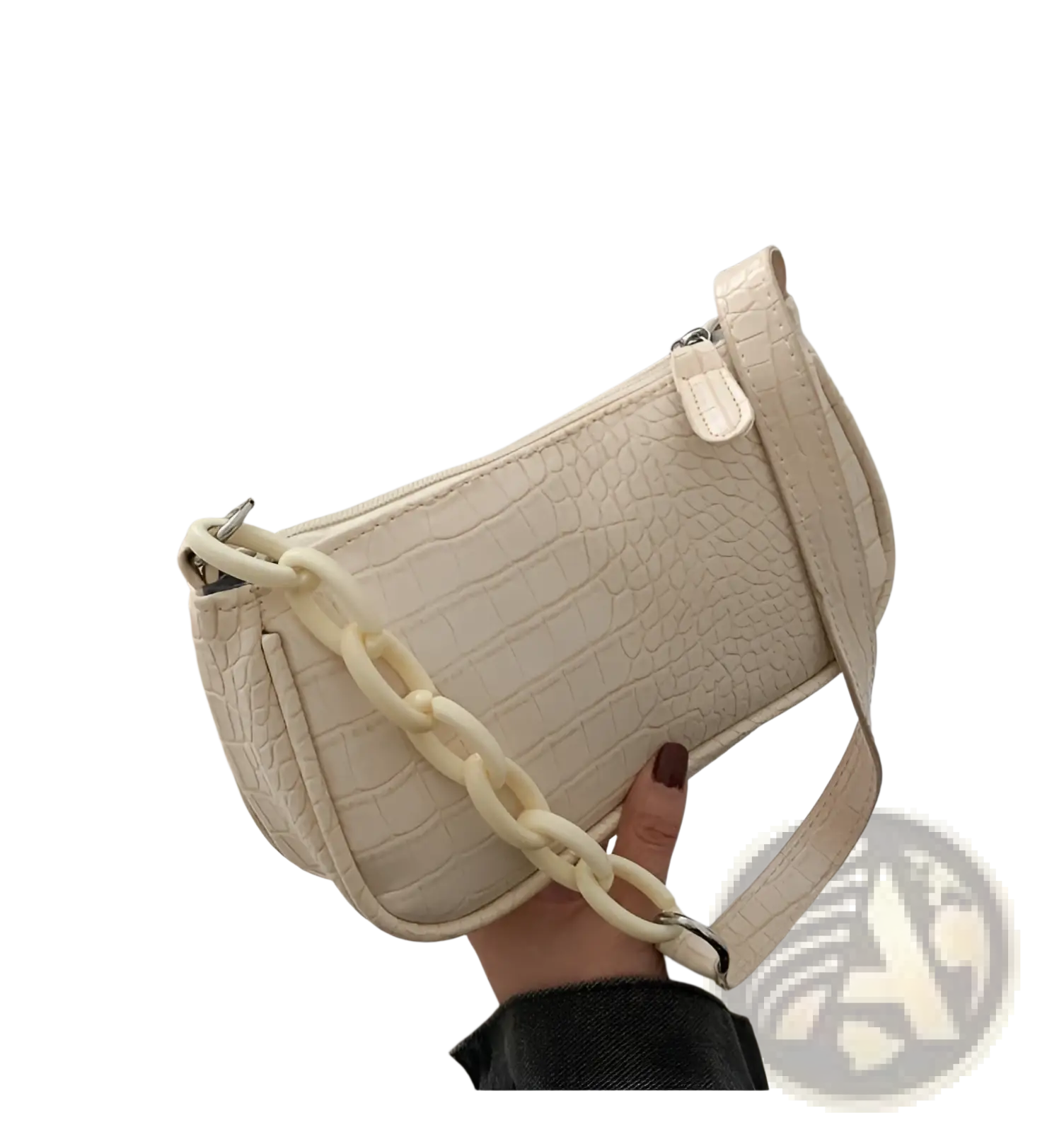 Cream-colored croc embossed chain shoulder bag for women with crocodile texture and matching thick chain strap