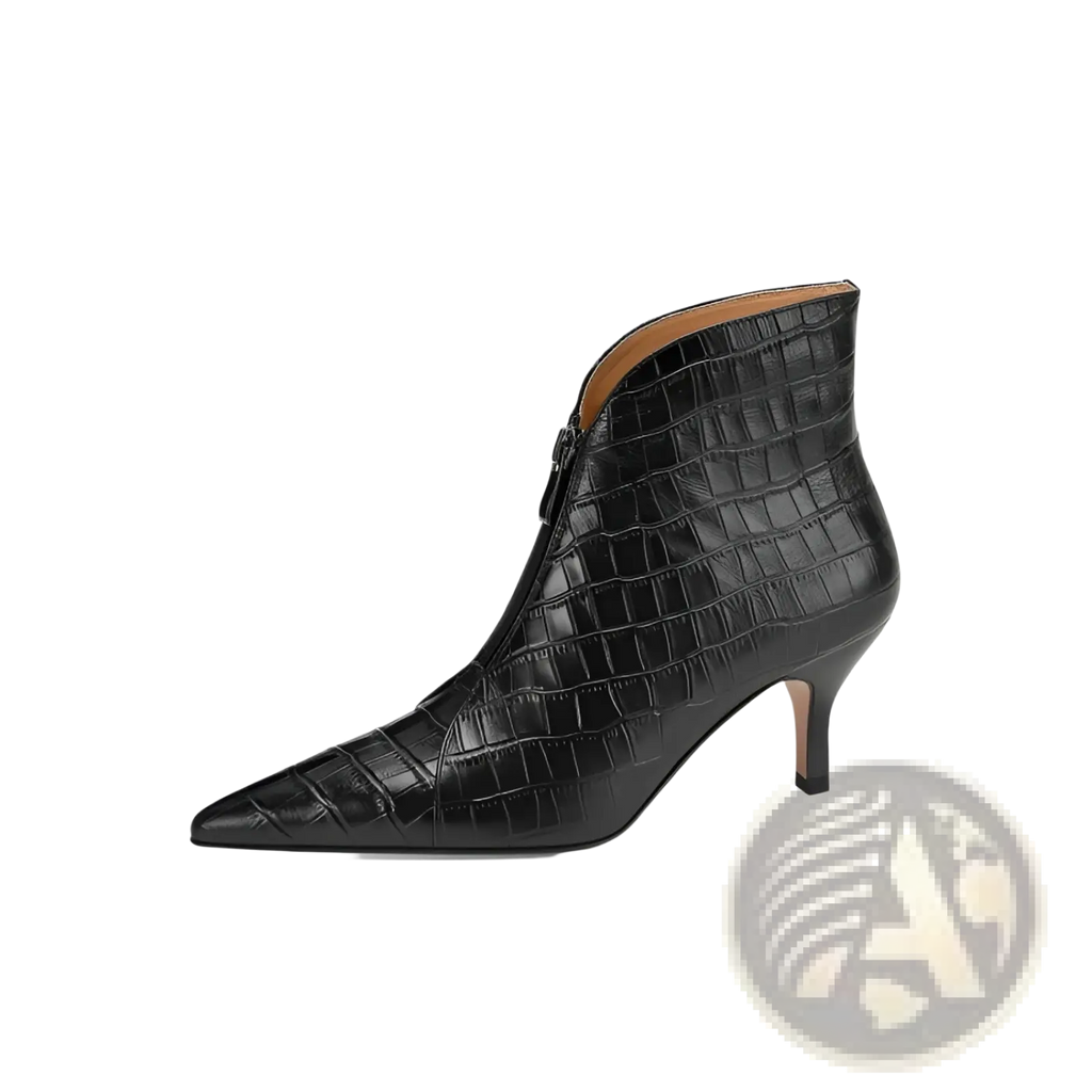 Black crocodile embossed leather stiletto ankle boot with pointed toe and slender heel viewed from the back side