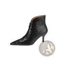 Black crocodile embossed leather stiletto ankle boot with pointed toe and slender heel viewed from the back side