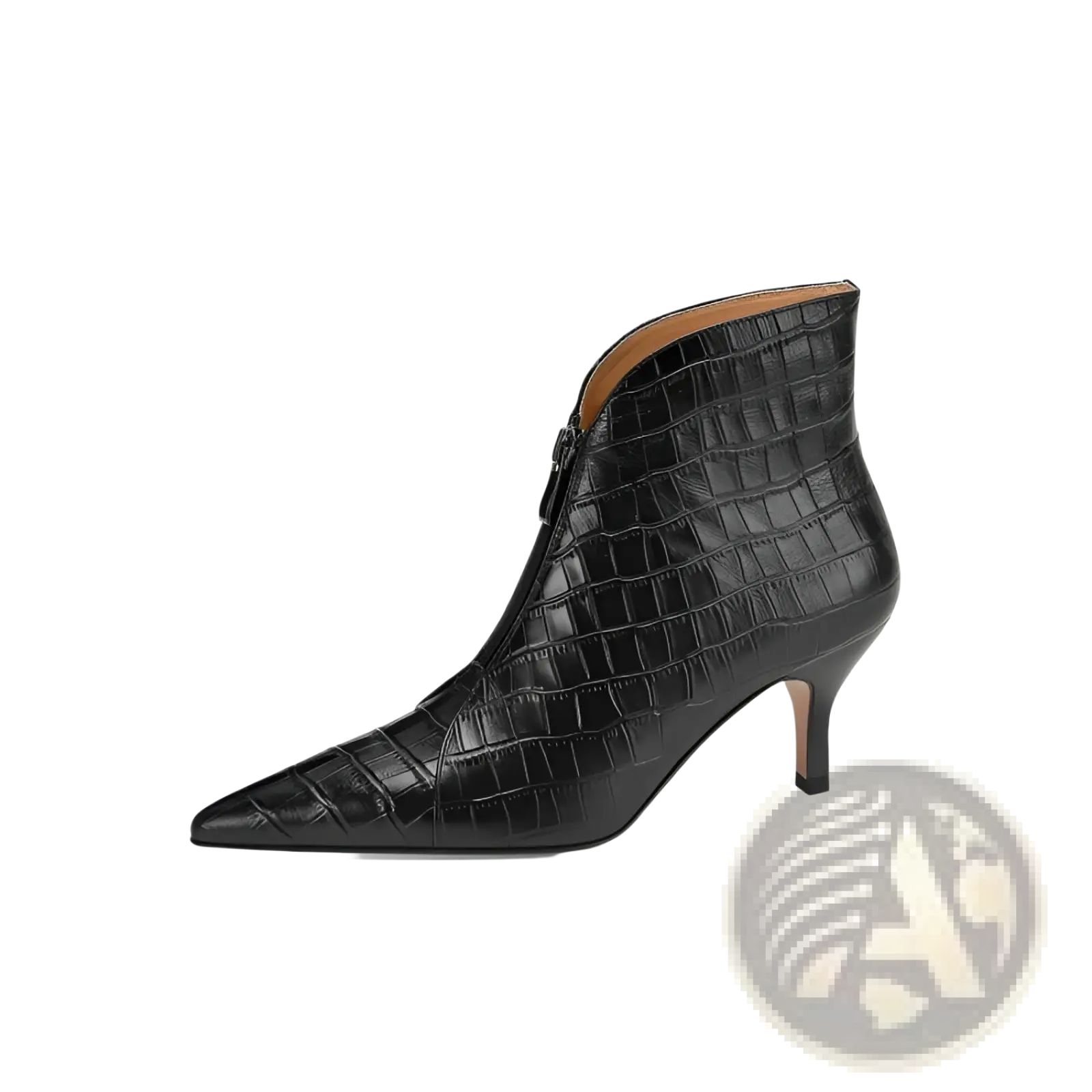 Black crocodile embossed leather stiletto ankle boot with pointed toe and slender heel viewed from the back side