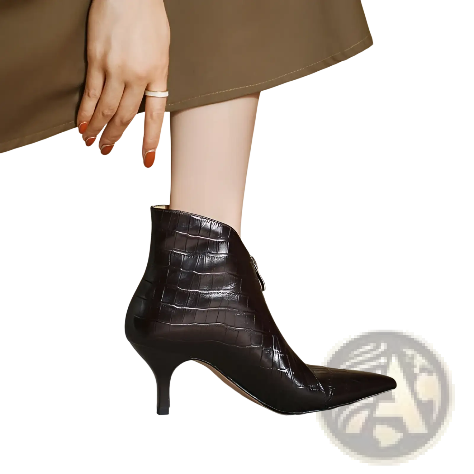 Black croc embossed leather stiletto ankle boot with pointed toe and slim heel shown from the back side