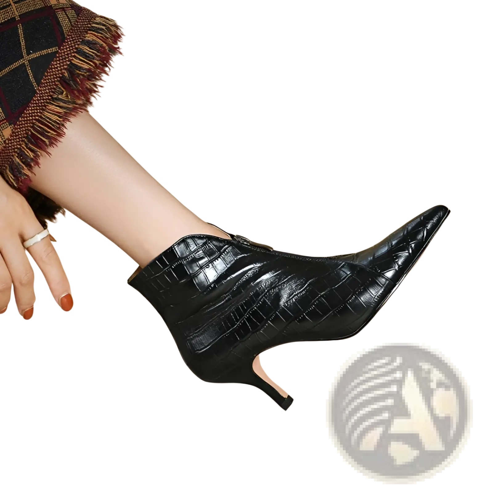Black croc embossed leather ankle boot with a slender high heel shown from the back side