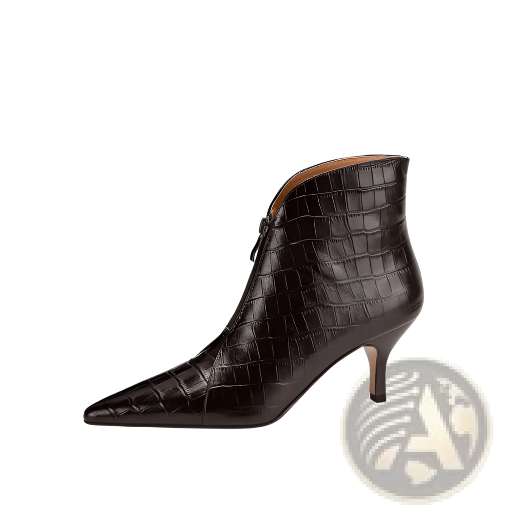 Black crocodile embossed leather stiletto ankle boot with pointed toe and slender heel shown from the back side