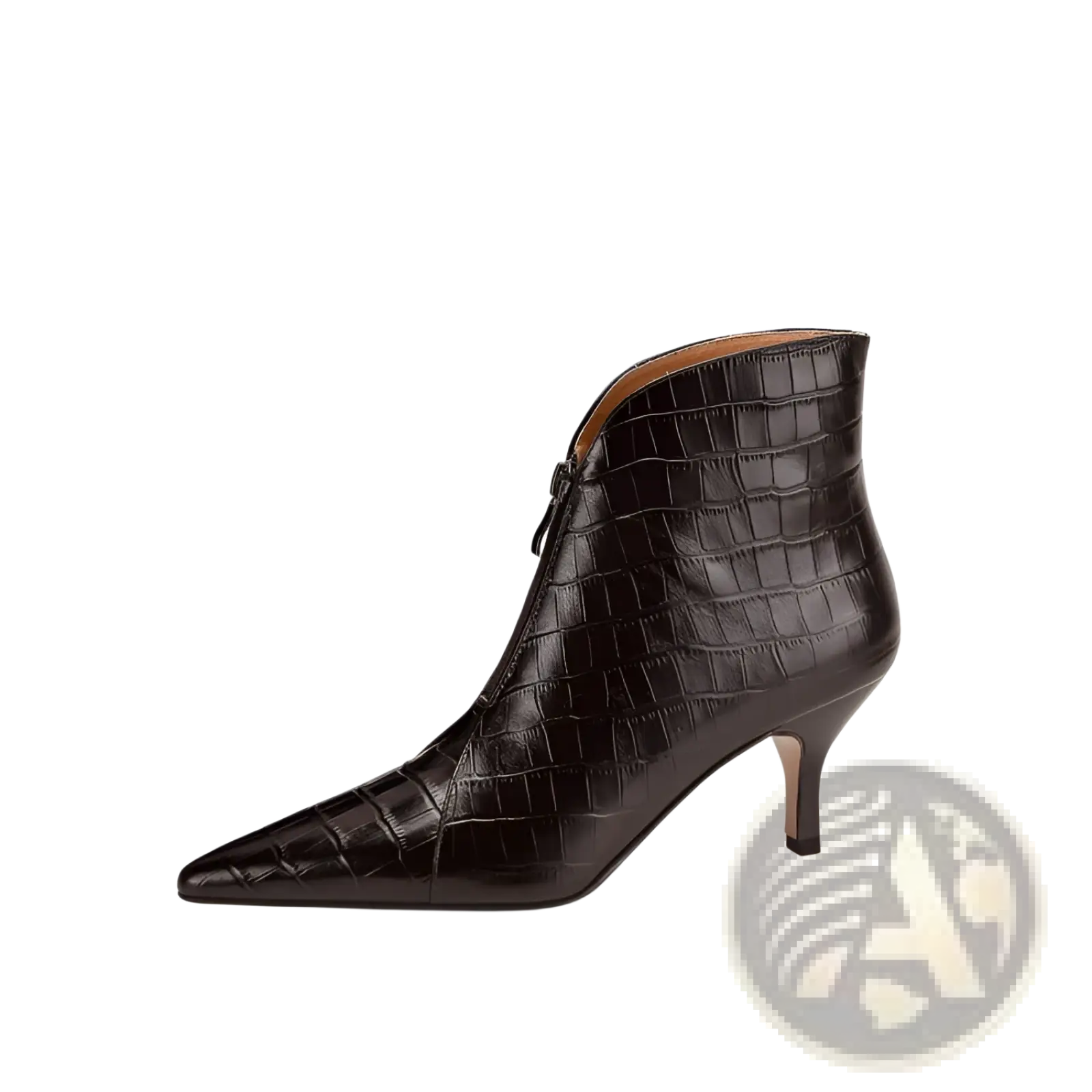 Black crocodile embossed leather stiletto ankle boot with pointed toe and slender heel shown from the back side