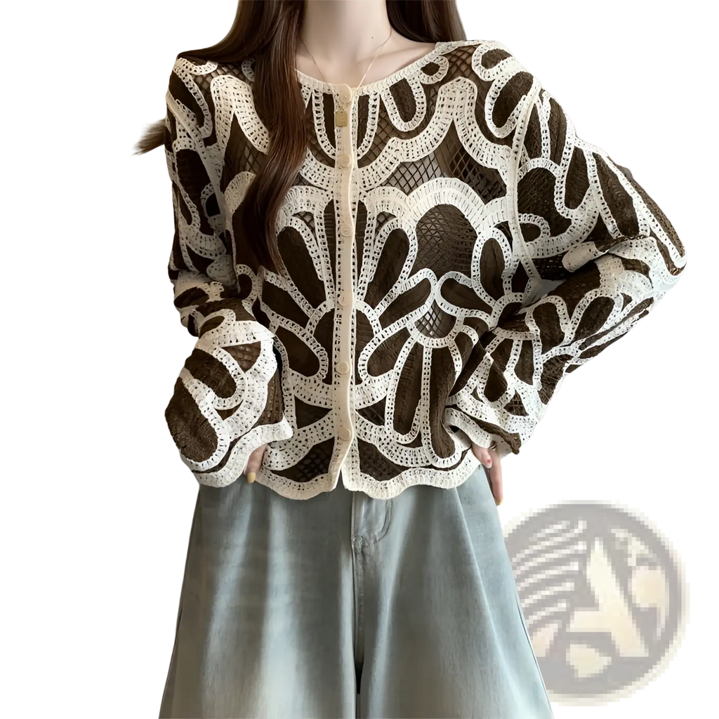 A delicate cream and brown lace-knit crochet cardigan floral loose pullover top with intricate floral patterns